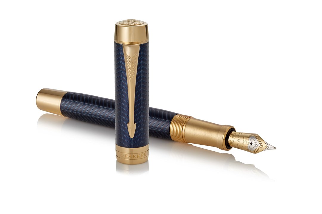 PK Duofold Centennial Fountain Pen, Prestige Blue Chevron, Fine Solid Gold Nib, Black Ink and Convertor