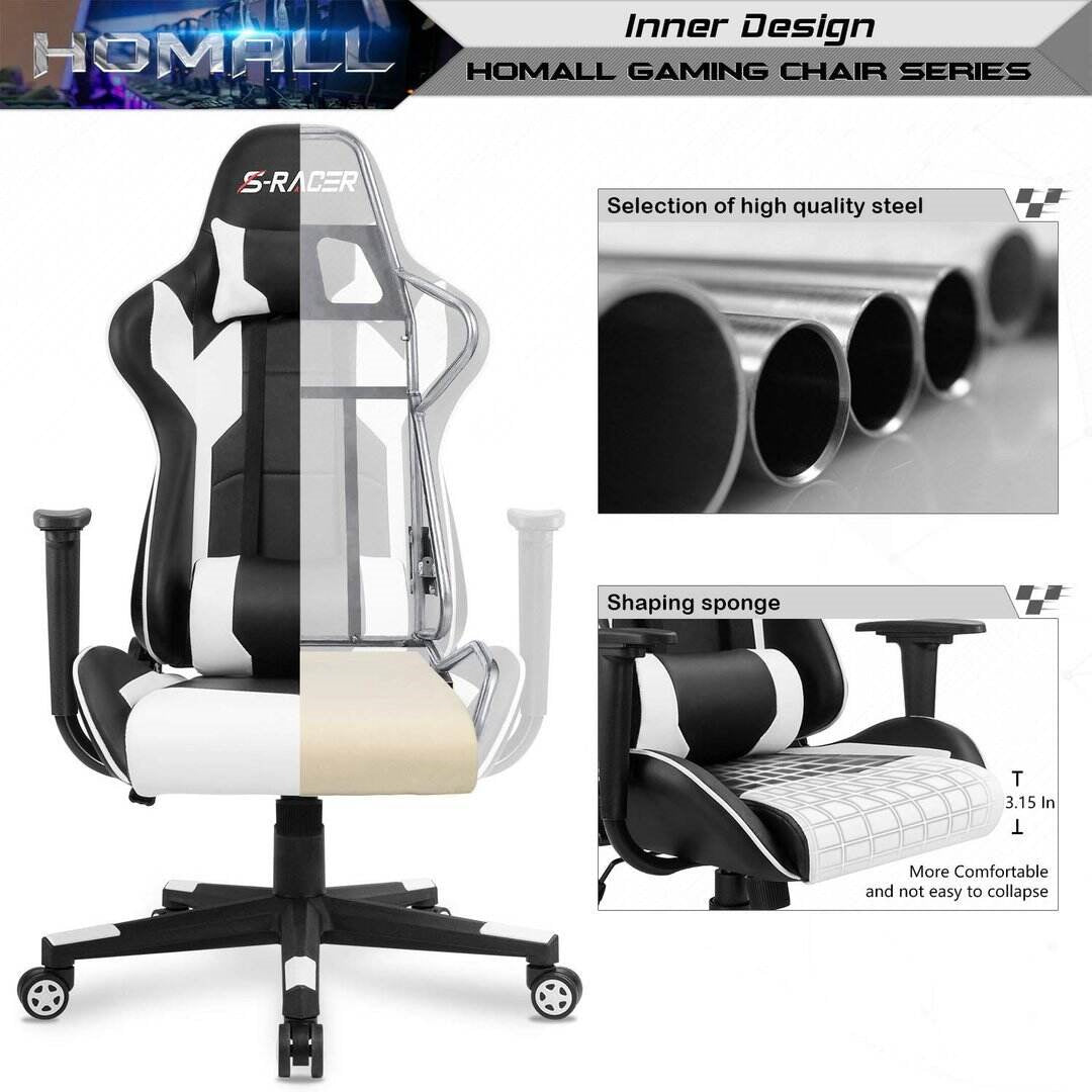 HOMALL GAMING CHAIR OFFICE CHAIR HIGH BACK COMPUTER CHAIR LEATHER DESK CHAIR RACING EXECUTIVE ERGONOMIC ADJUSTABLE SWIVEL TASK CHAIR WITH HEADREST AND LUMBAR SUPPORT (WHITE)