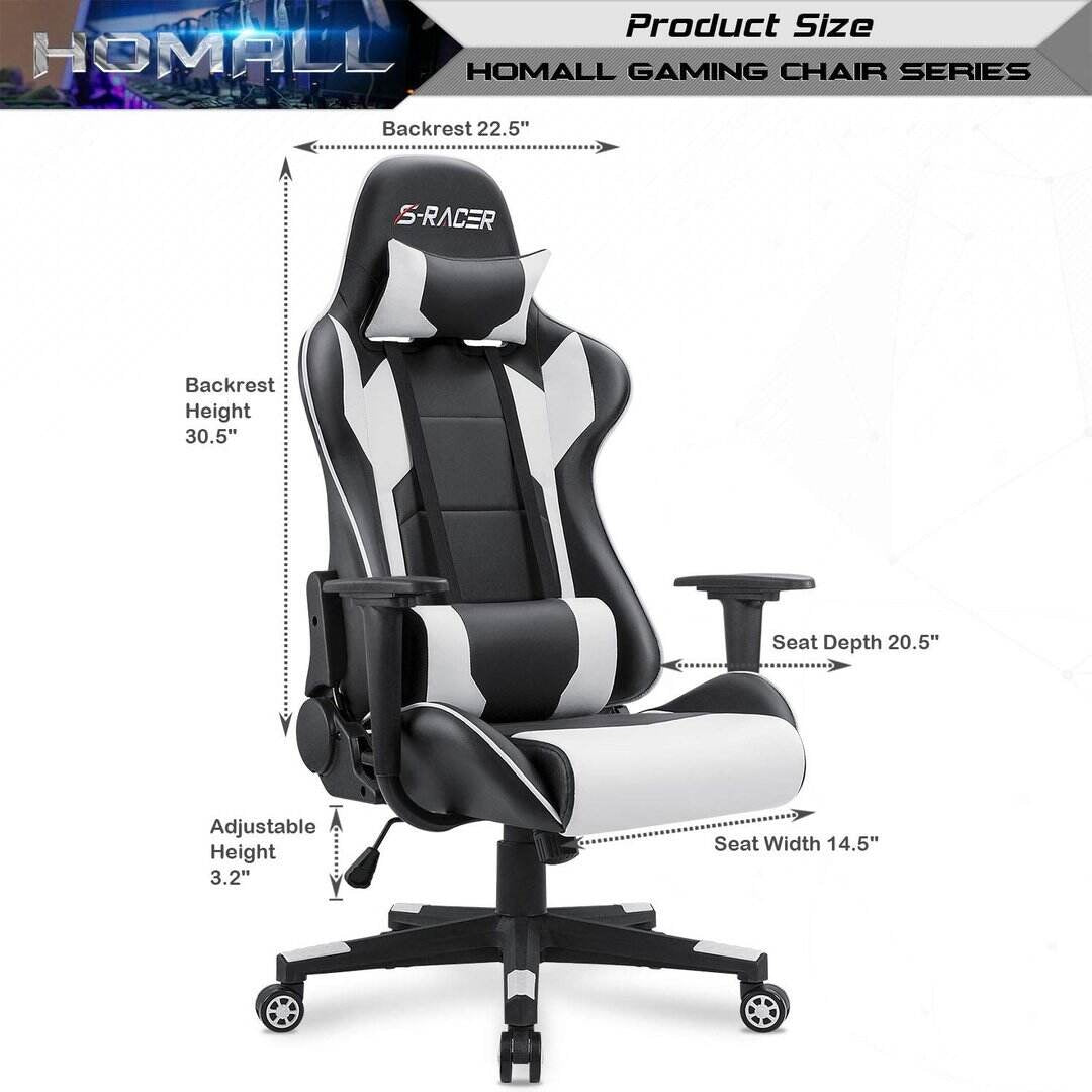 HOMALL GAMING CHAIR OFFICE CHAIR HIGH BACK COMPUTER CHAIR LEATHER DESK CHAIR RACING EXECUTIVE ERGONOMIC ADJUSTABLE SWIVEL TASK CHAIR WITH HEADREST AND LUMBAR SUPPORT (WHITE)