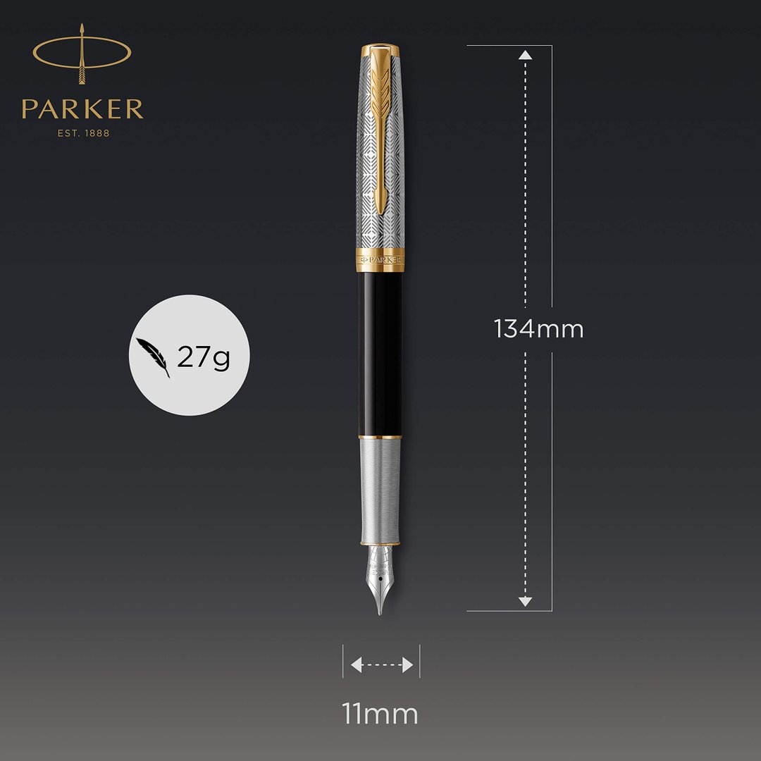 PK  Sonnet Fountain Pen | Premium Metal and Black Gloss Finish with Gold Trim | Fine 18k Gold Nib with Black Ink Cartridge | Gift Box