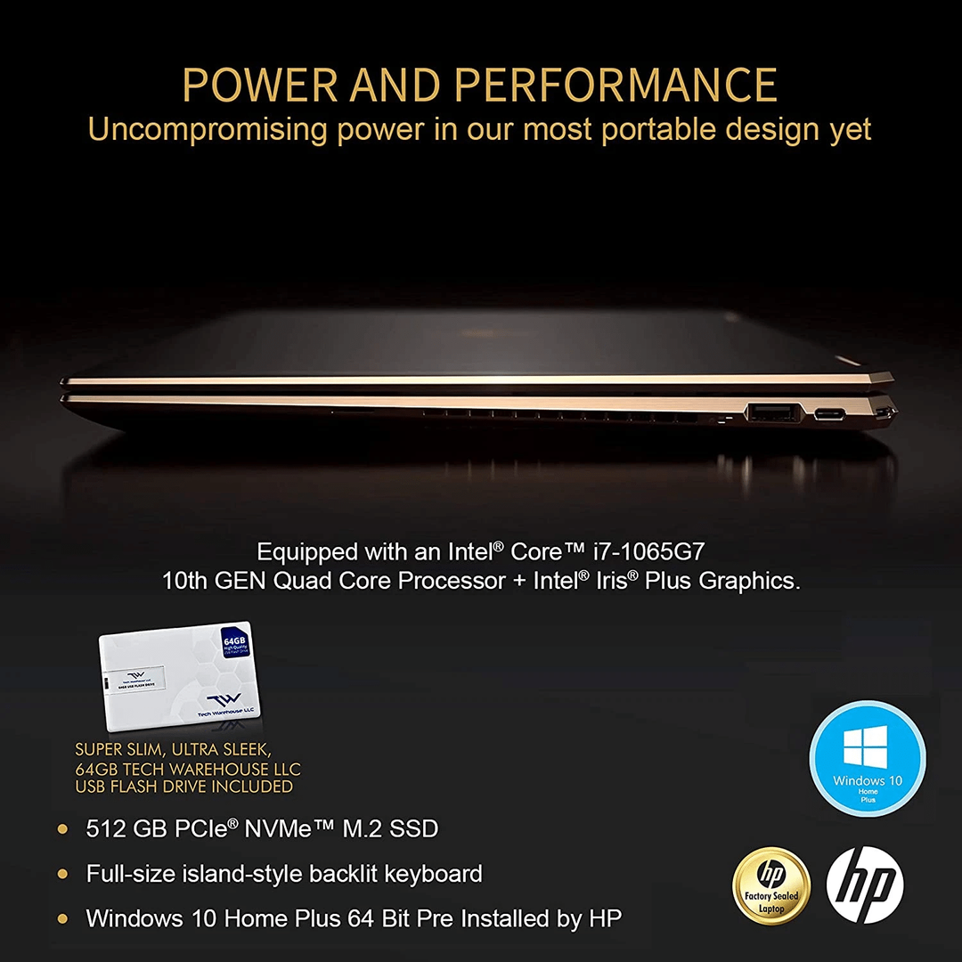 Spectre X360 GEM Cut 13.3" FHD Touch Laptop, Intel i7-1065G7, 16GB RAM, 512GB SSD, Bang & Olufsen, Fingerprint Reader, Stylus, Nightfall Black, Win 10 Home, 64GB TechWarehouse Flash Drive