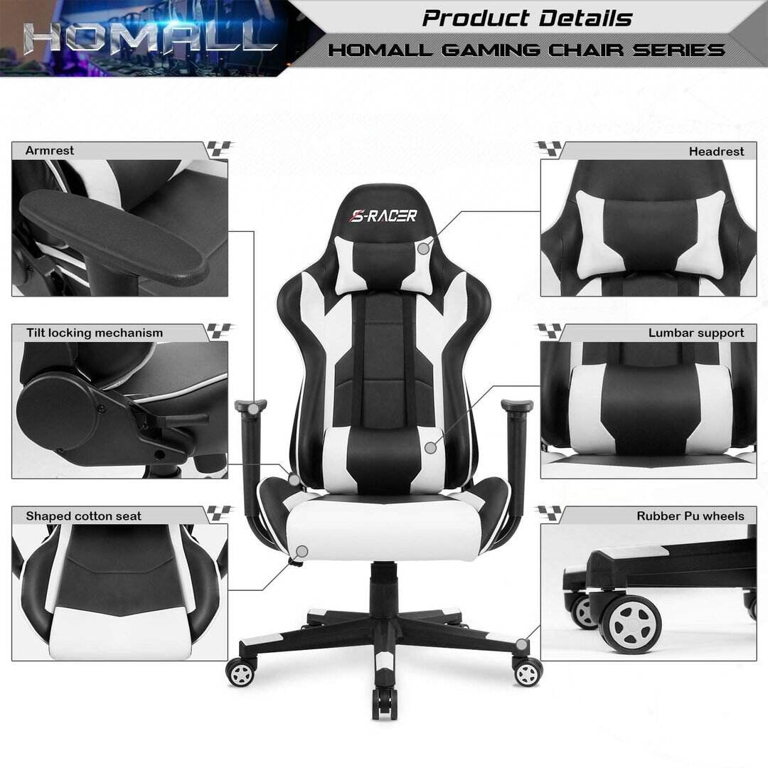 HOMALL GAMING CHAIR OFFICE CHAIR HIGH BACK COMPUTER CHAIR LEATHER DESK CHAIR RACING EXECUTIVE ERGONOMIC ADJUSTABLE SWIVEL TASK CHAIR WITH HEADREST AND LUMBAR SUPPORT (WHITE)