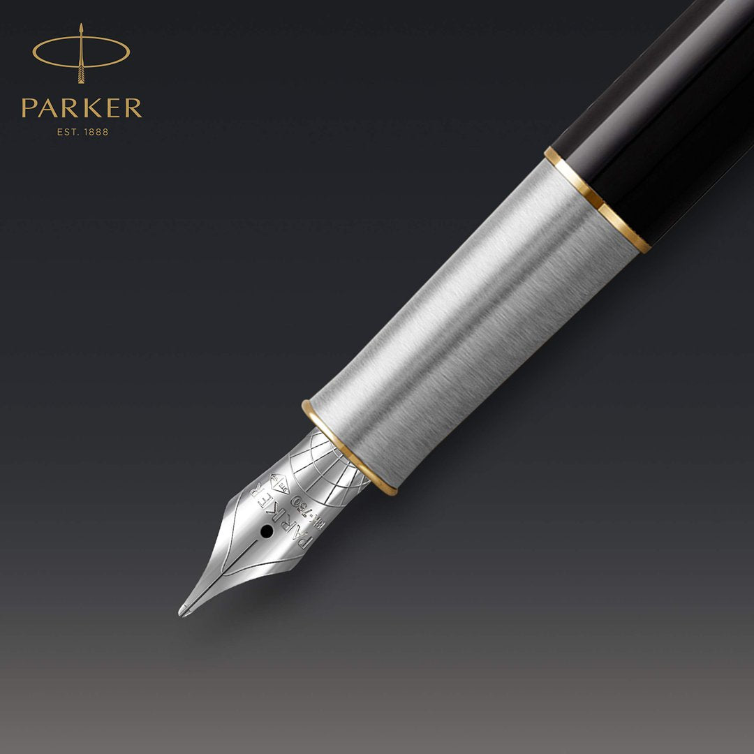 PK  Sonnet Fountain Pen | Premium Metal and Black Gloss Finish with Gold Trim | Fine 18k Gold Nib with Black Ink Cartridge | Gift Box