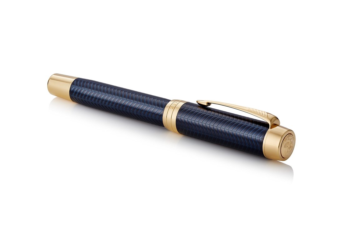PK Duofold Centennial Fountain Pen, Prestige Blue Chevron, Fine Solid Gold Nib, Black Ink and Convertor