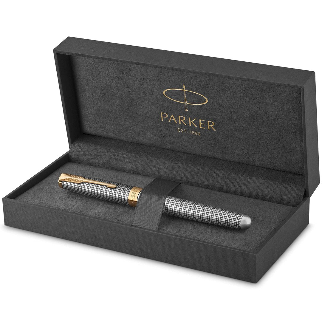 PK  Sonnet Rollerball Pen, Prestige Chiselled Silver with Gold Trim, Fine Point Black Ink