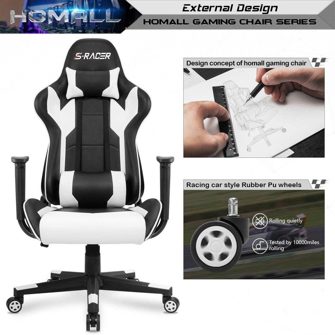 HOMALL GAMING CHAIR OFFICE CHAIR HIGH BACK COMPUTER CHAIR LEATHER DESK CHAIR RACING EXECUTIVE ERGONOMIC ADJUSTABLE SWIVEL TASK CHAIR WITH HEADREST AND LUMBAR SUPPORT (WHITE)