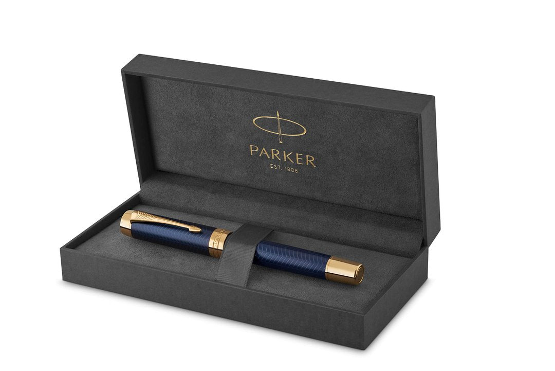 PK Duofold Centennial Fountain Pen, Prestige Blue Chevron, Fine Solid Gold Nib, Black Ink and Convertor