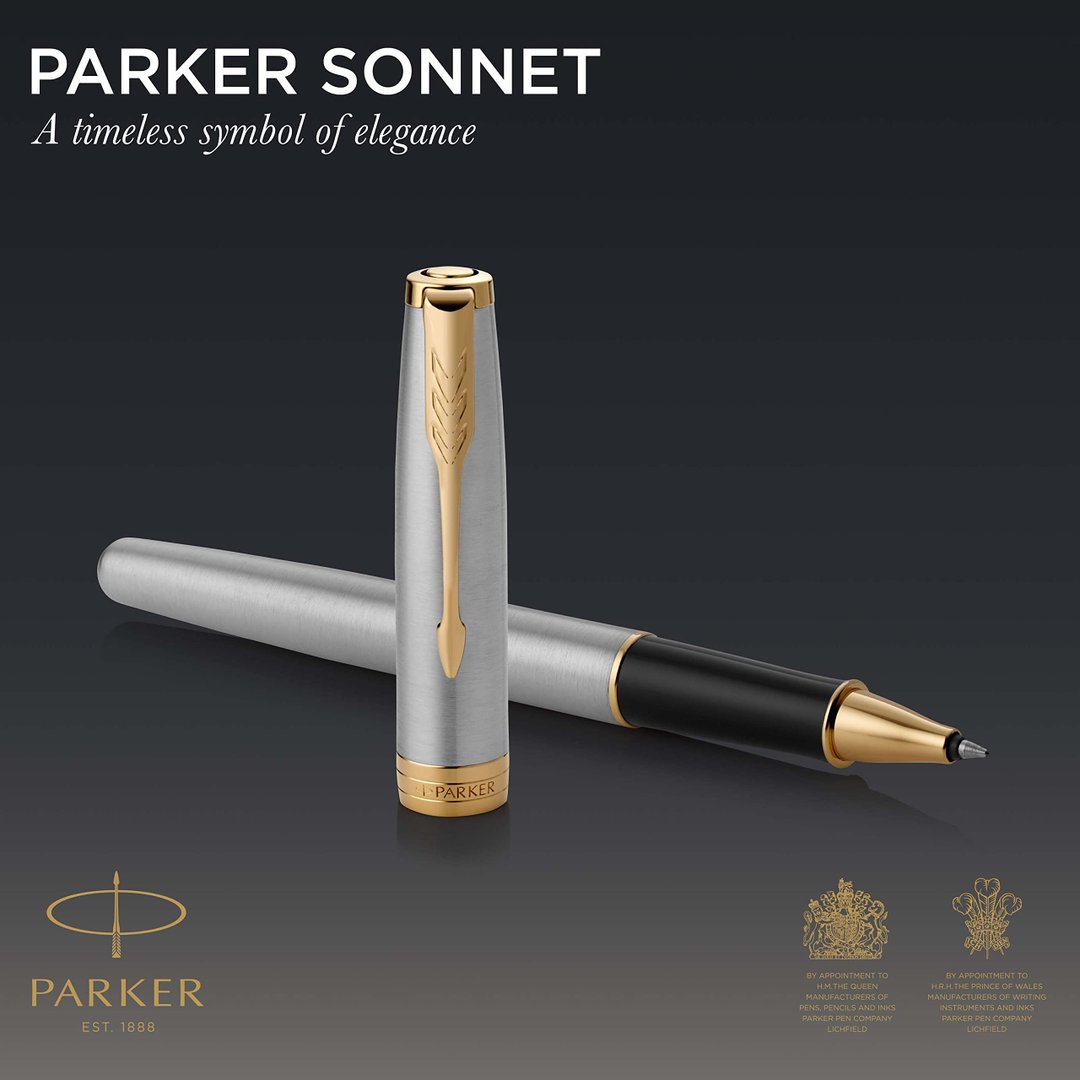 PK  Sonnet Rollerball Pen, Prestige Chiselled Silver with Gold Trim, Fine Point Black Ink