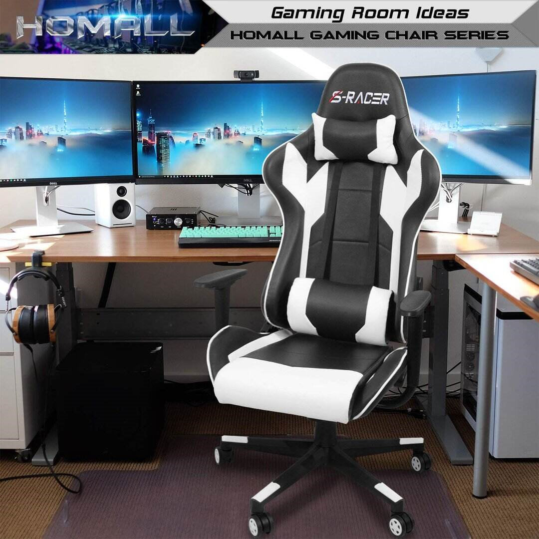 HOMALL GAMING CHAIR OFFICE CHAIR HIGH BACK COMPUTER CHAIR LEATHER DESK CHAIR RACING EXECUTIVE ERGONOMIC ADJUSTABLE SWIVEL TASK CHAIR WITH HEADREST AND LUMBAR SUPPORT (WHITE)