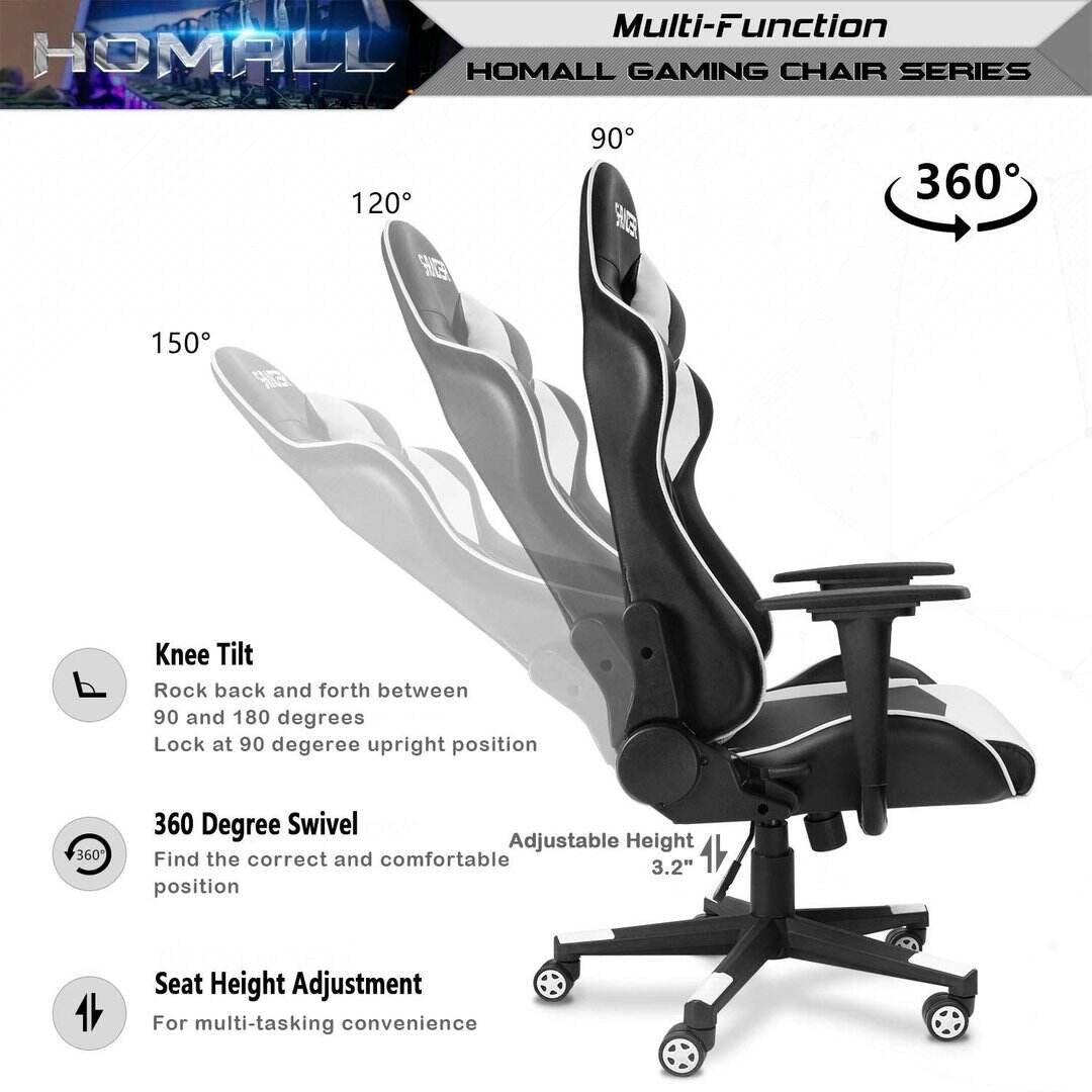 HOMALL GAMING CHAIR OFFICE CHAIR HIGH BACK COMPUTER CHAIR LEATHER DESK CHAIR RACING EXECUTIVE ERGONOMIC ADJUSTABLE SWIVEL TASK CHAIR WITH HEADREST AND LUMBAR SUPPORT (WHITE)