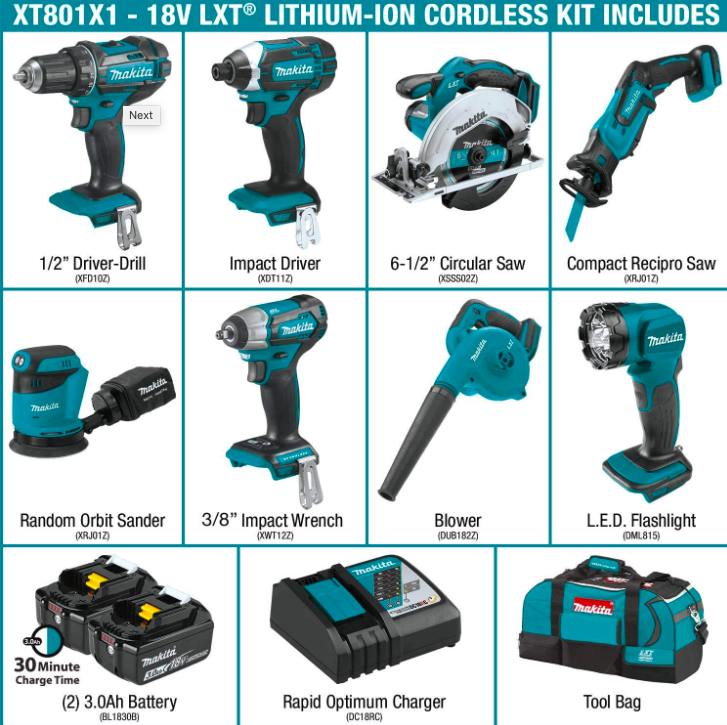 Makita XT801X1 18V LXT Lithium-Ion Cordless 8-Pc. Combo Kit (3.0Ah)