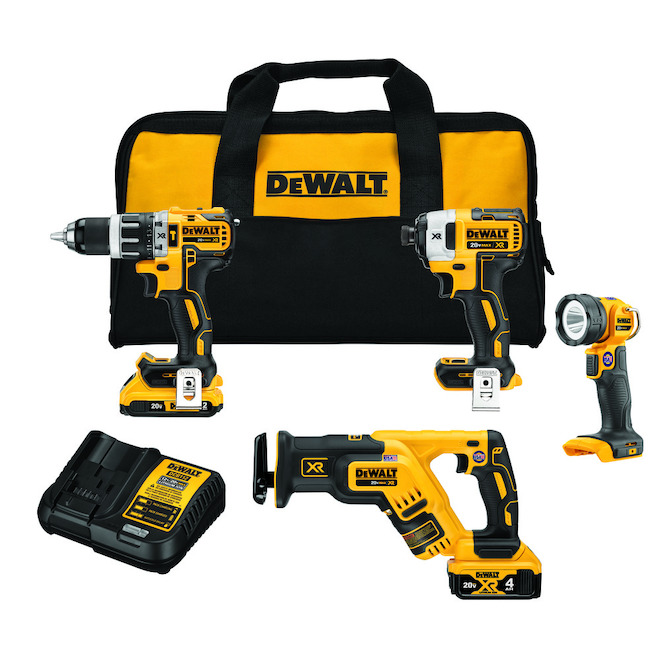 Dewalt Set of 4 20-V Cordless Tools – 2 Batteries, 1 Charger and 1 Bag Included