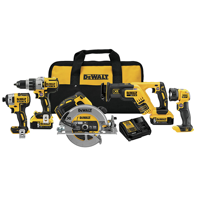Dewalt XR Cordless 5-Tool Combo Kit with Batteries and Charger – Brushless Motor – 110 Lumen LED Light – Variable Speed