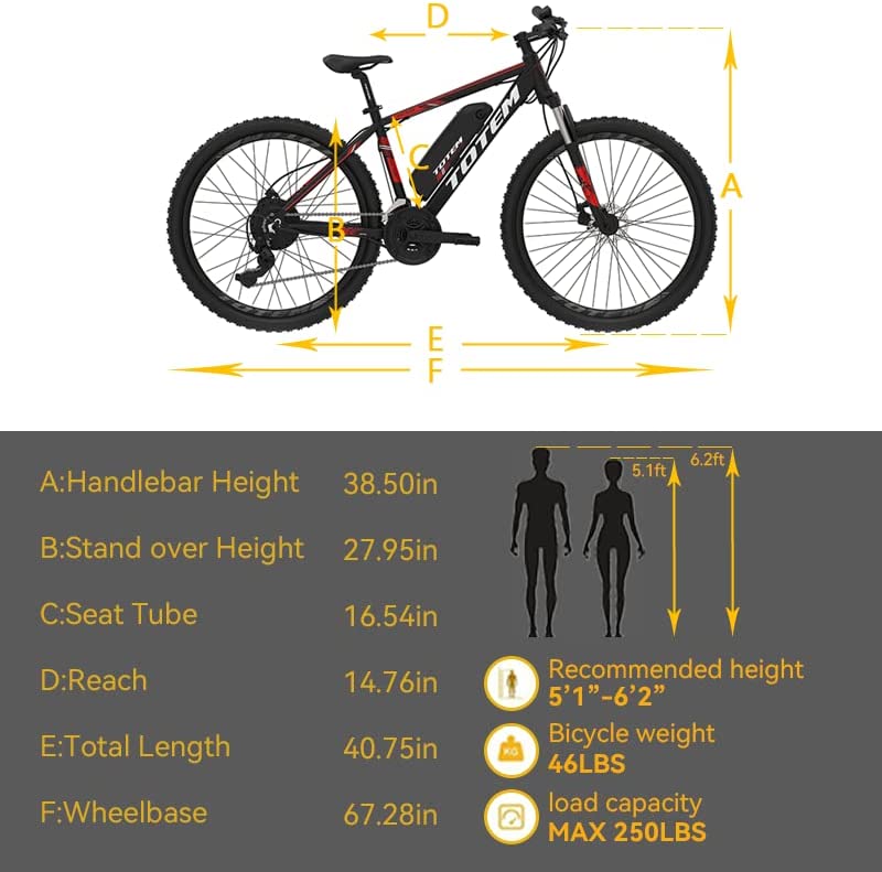 Totem Electric Bike for Adults 26”, Electric Mountain Bicycle 350W Motor, 20MPH Victor 2.0 with 36V 10.4Ah Removable Battery, E-MTB with Shimano 21 Speed Gears, Upgraded Adjustable stem