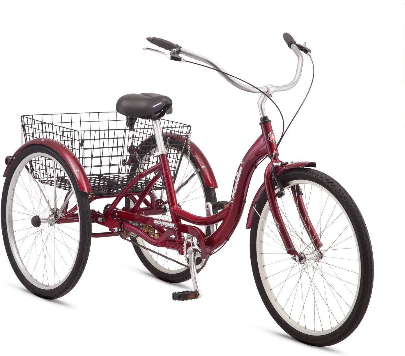 Schwinn Meridian Adult Tricycle Bike, Three Wheel Cruiser, 24 & 26-Inch Wheels, Low Step-Through Aluminum Frame, Adjustable Handlebars, Large Cruiser Seat, Rear Folding Basket
