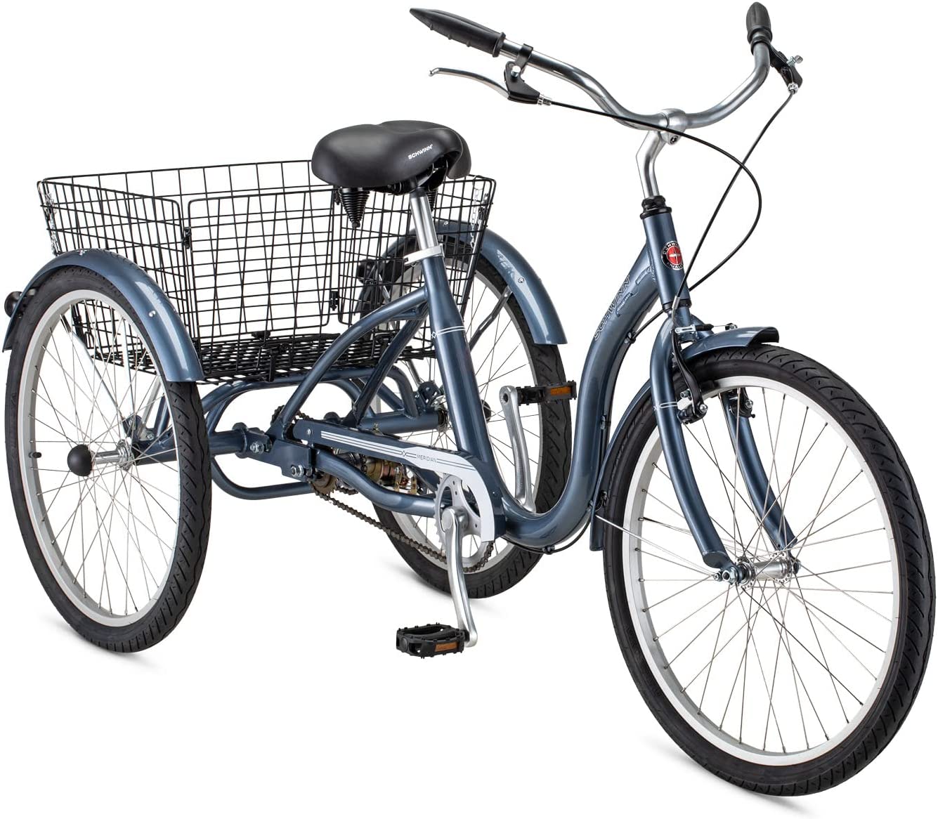 Schwinn Meridian Adult Tricycle Bike, Three Wheel Cruiser, 24 & 26-Inch Wheels, Low Step-Through Aluminum Frame, Adjustable Handlebars, Large Cruiser Seat, Rear Folding Basket