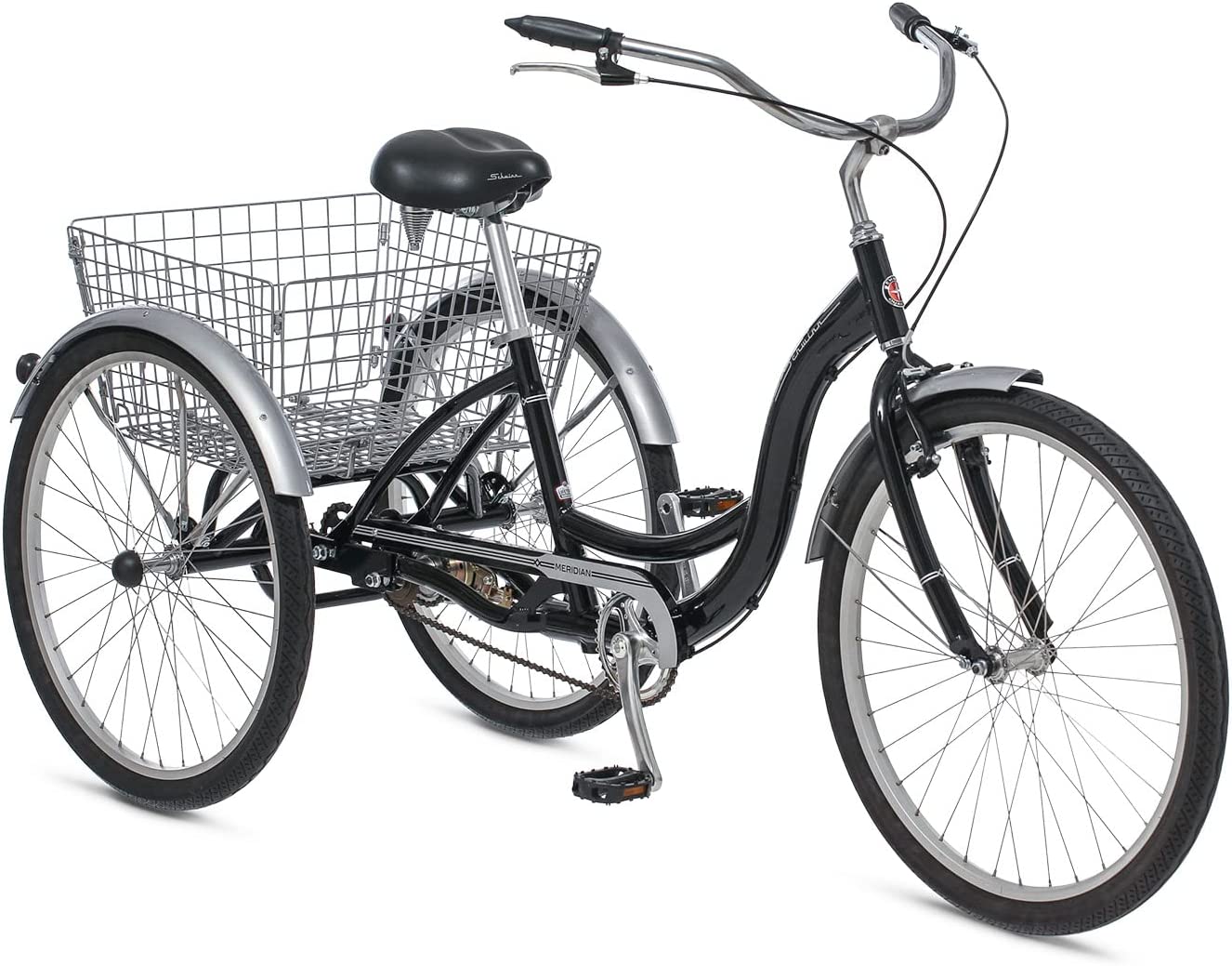 Schwinn Meridian Adult Tricycle Bike, Three Wheel Cruiser, 24 & 26-Inch Wheels, Low Step-Through Aluminum Frame, Adjustable Handlebars, Large Cruiser Seat, Rear Folding Basket