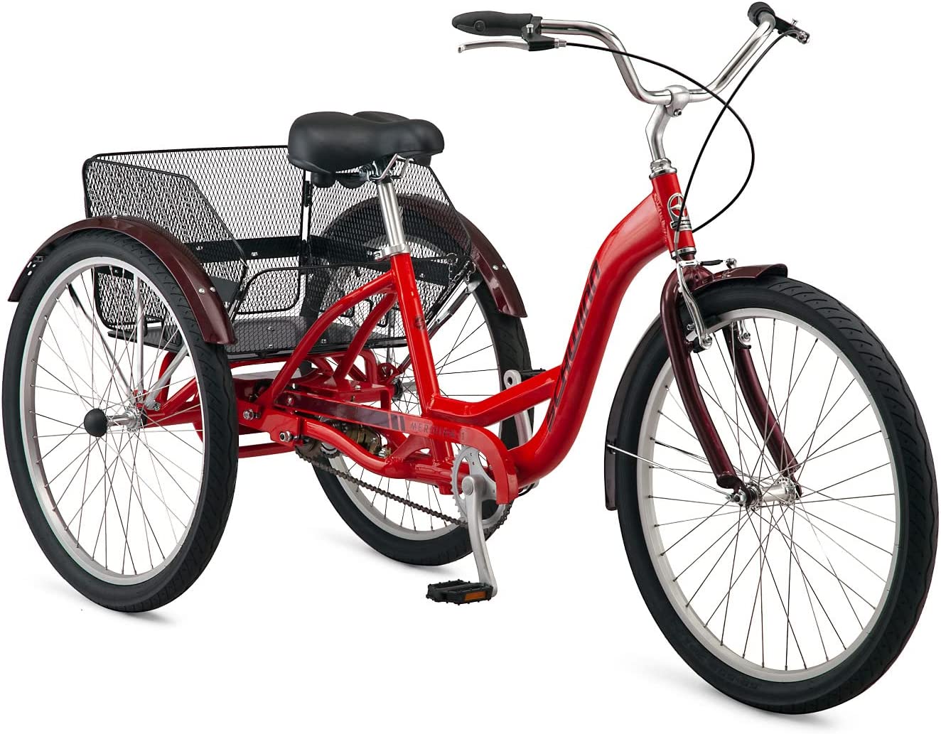 Schwinn Meridian Adult Tricycle Bike, Three Wheel Cruiser, 24 & 26-Inch Wheels, Low Step-Through Aluminum Frame, Adjustable Handlebars, Large Cruiser Seat, Rear Folding Basket