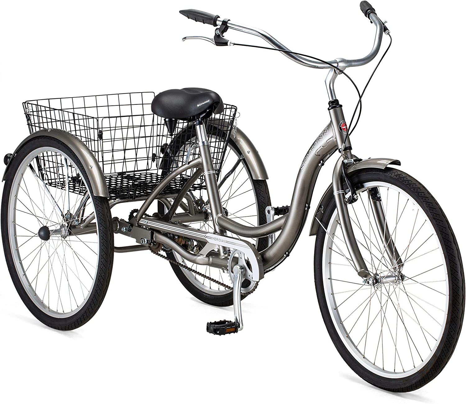 Schwinn Meridian Adult Tricycle Bike, Three Wheel Cruiser, 24 & 26-Inch Wheels, Low Step-Through Aluminum Frame, Adjustable Handlebars, Large Cruiser Seat, Rear Folding Basket