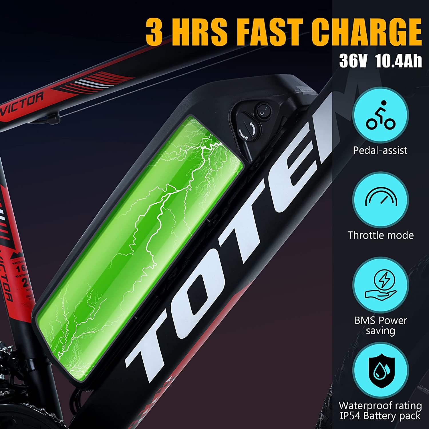 Totem Electric Bike for Adults 26”, Electric Mountain Bicycle 350W Motor, 20MPH Victor 2.0 with 36V 10.4Ah Removable Battery, E-MTB with Shimano 21 Speed Gears, Upgraded Adjustable stem