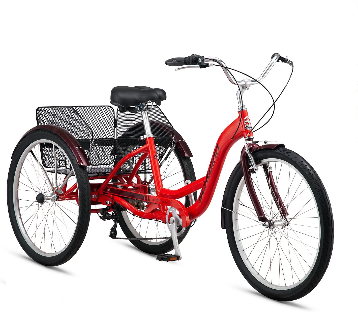 Schwinn Meridian Adult Tricycle Bike, Three Wheel Cruiser, 24 & 26-Inch Wheels, Low Step-Through Aluminum Frame, Adjustable Handlebars, Large Cruiser Seat, Rear Folding Basket