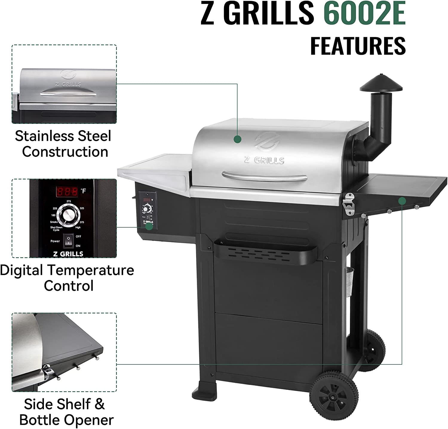 Z GRILLS Wood Pellet Grill & Smoker, Cooking Area, 573 sq.in, 6002E
