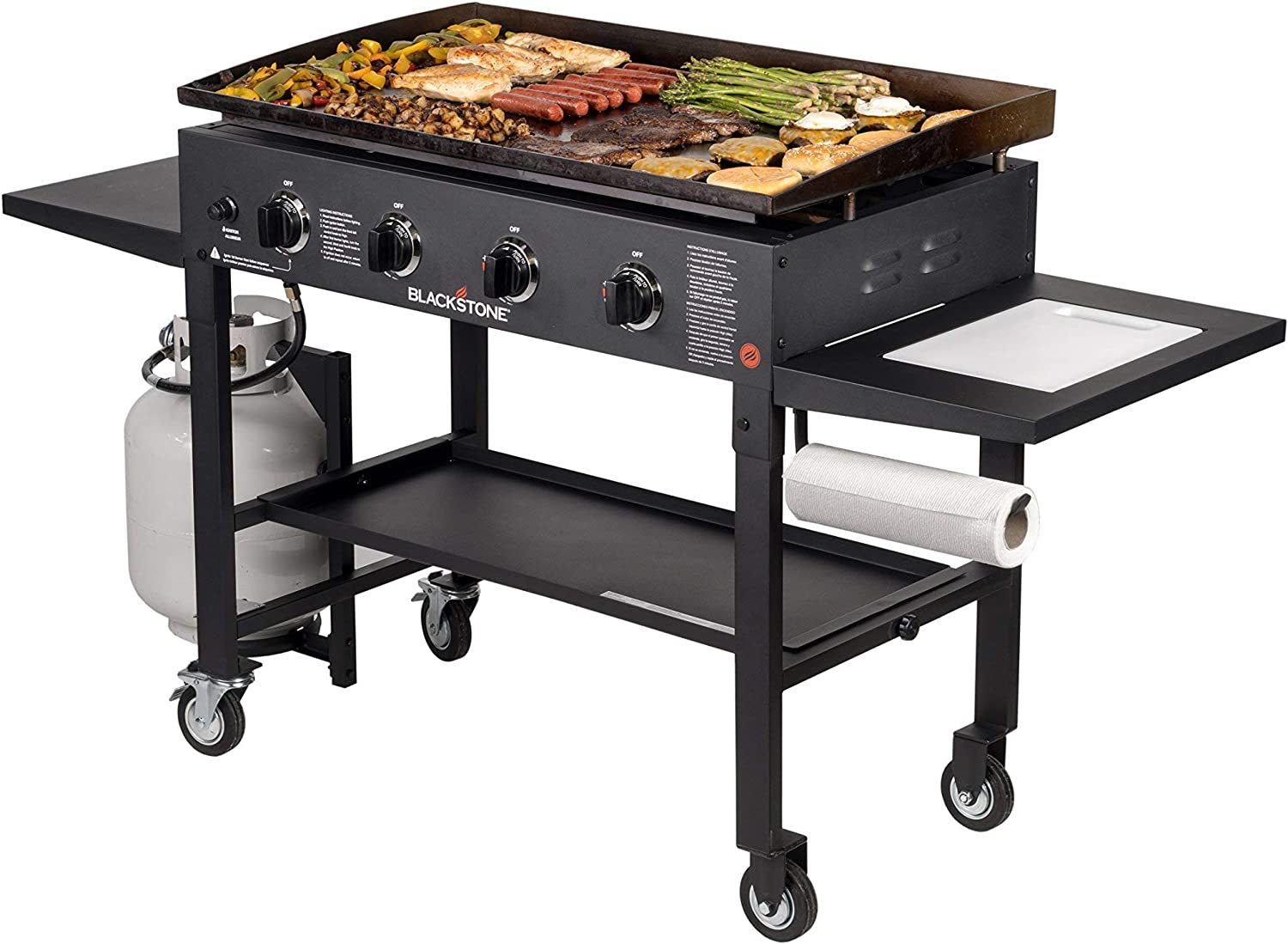 Blackstone 36″ Cooking Station 4 Burner Propane Fuelled Restaurant Grade Professional 36 Inch Outdoor Flat Top Gas Griddle with Built in Cutting Board, Garbage Holder and Side Shelf (1825), Black
