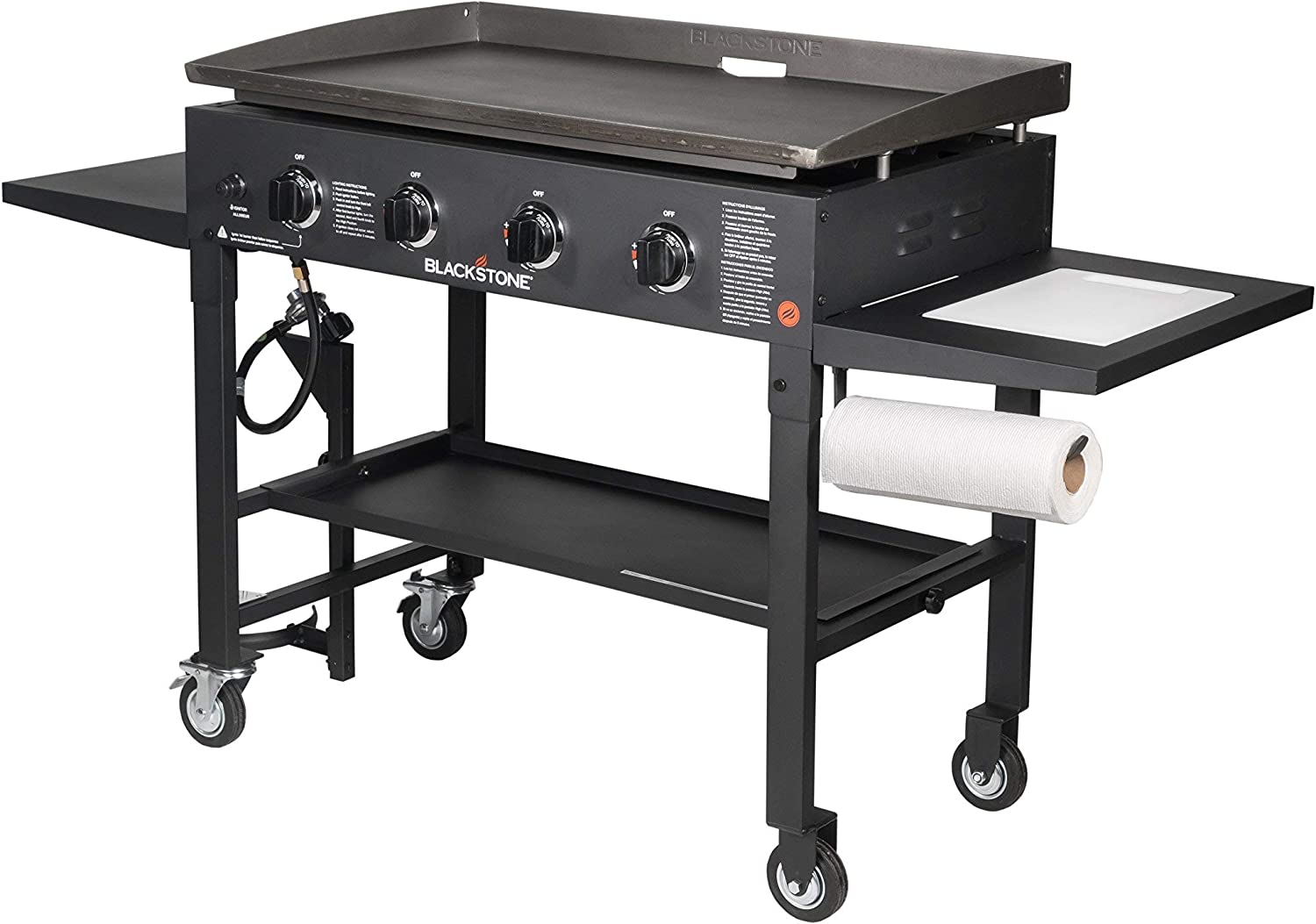 Blackstone 36″ Cooking Station 4 Burner Propane Fuelled Restaurant Grade Professional 36 Inch Outdoor Flat Top Gas Griddle with Built in Cutting Board, Garbage Holder and Side Shelf (1825), Black