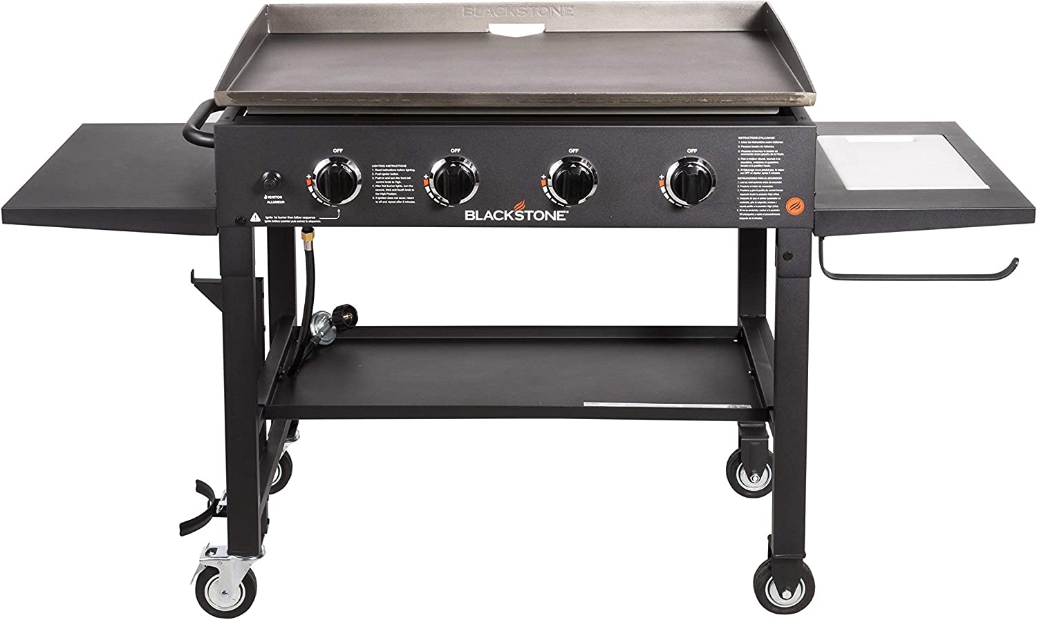 Blackstone 36″ Cooking Station 4 Burner Propane Fuelled Restaurant Grade Professional 36 Inch Outdoor Flat Top Gas Griddle with Built in Cutting Board, Garbage Holder and Side Shelf (1825), Black