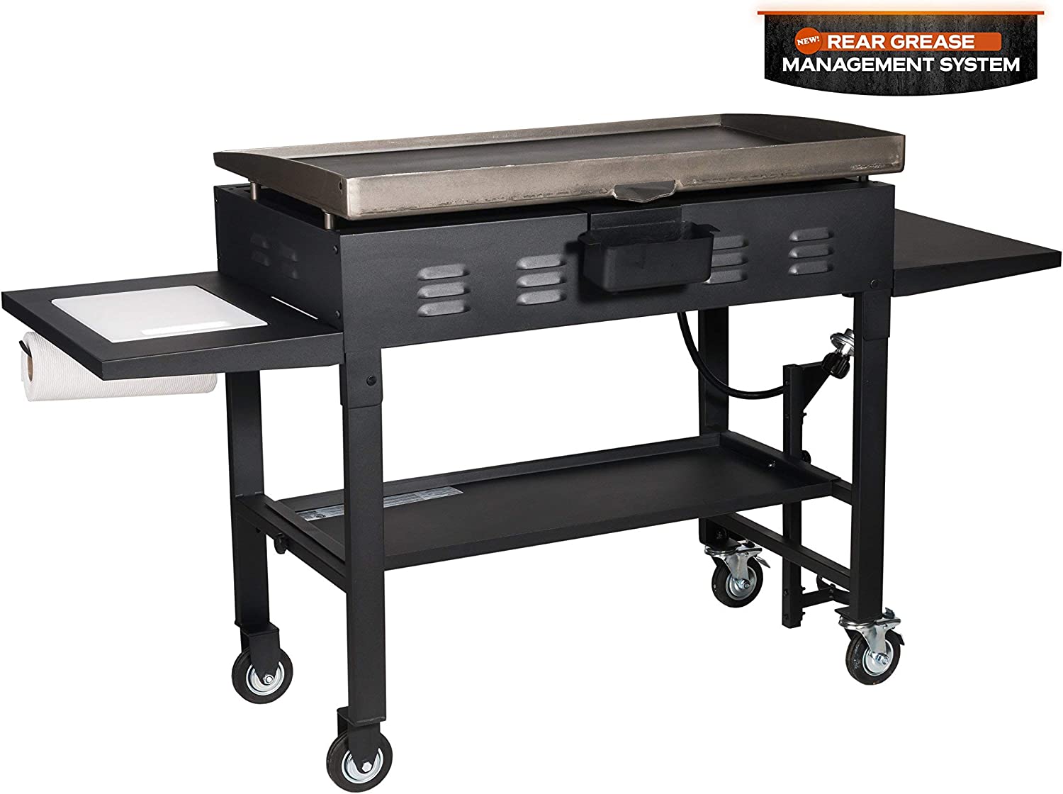 Blackstone 36″ Cooking Station 4 Burner Propane Fuelled Restaurant Grade Professional 36 Inch Outdoor Flat Top Gas Griddle with Built in Cutting Board, Garbage Holder and Side Shelf (1825), Black