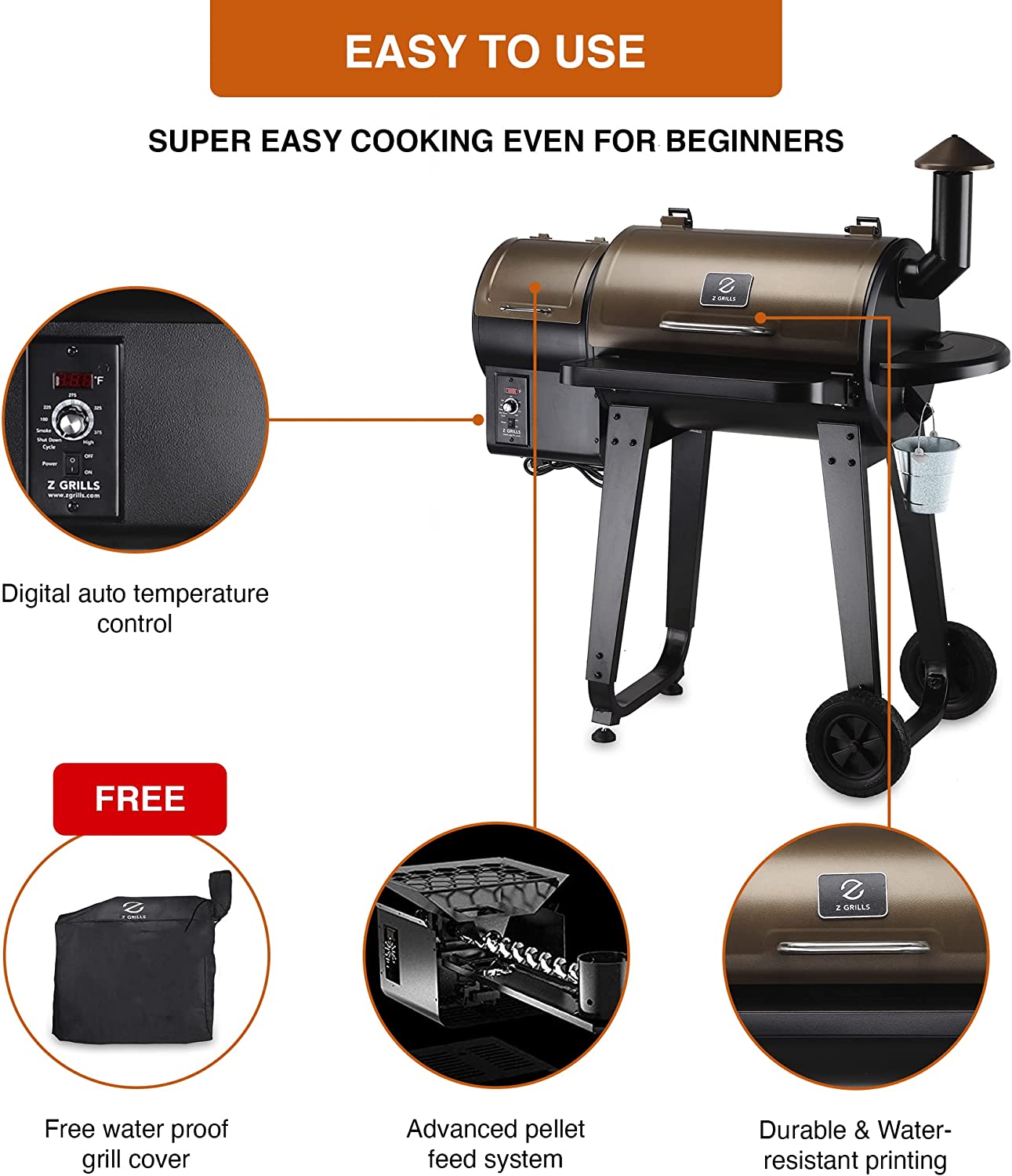 Z GRILLS ZPG-450A 2022 Upgrade Wood Pellet Grill & Smoker 6 in 1 BBQ Grill Auto Temperature Control, 450 Sq in Bronze