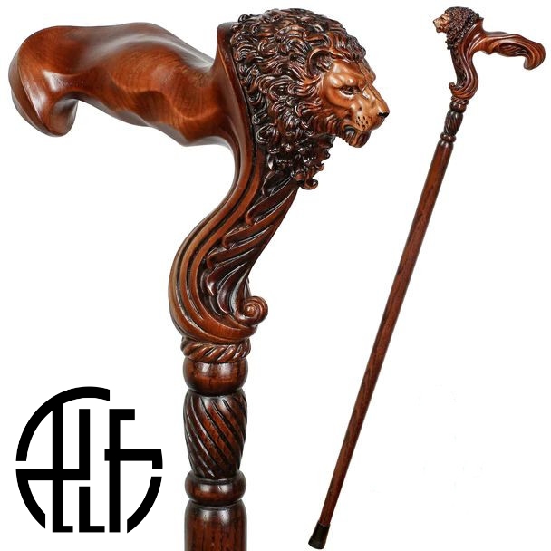 Wooden Walking Stick Cane Lion Head