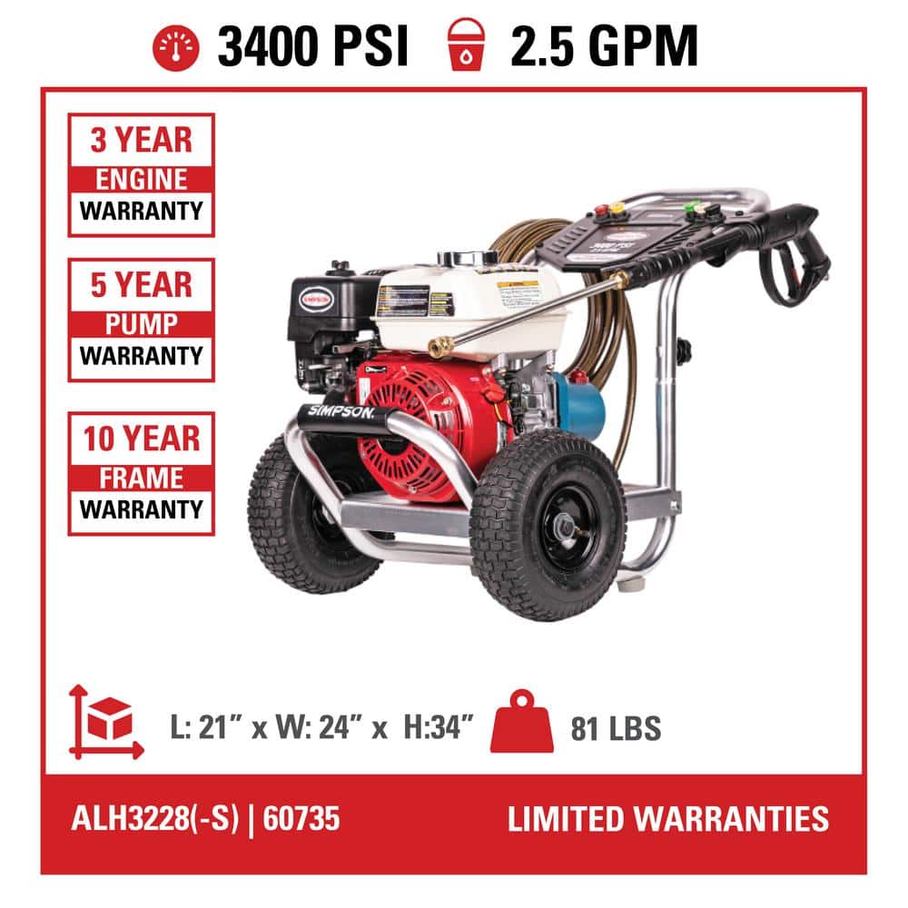 Aluminum 3400 PSI 2.5 GPM Gas Cold Water Pressure Washer with HONDA GX200 Engine