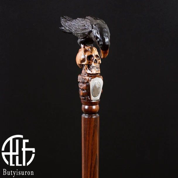 BLACK CROW & SKULL WOODEN WALKING STICK GOTH STYLE