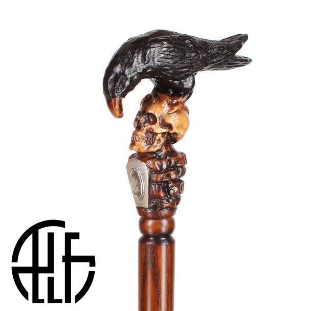 BLACK CROW & SKULL WOODEN WALKING STICK GOTH STYLE