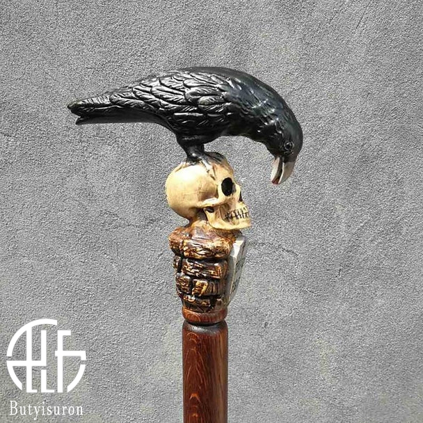 BLACK CROW & SKULL WOODEN WALKING STICK GOTH STYLE