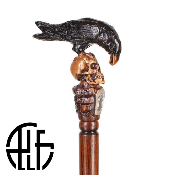 BLACK CROW & SKULL WOODEN WALKING STICK GOTH STYLE