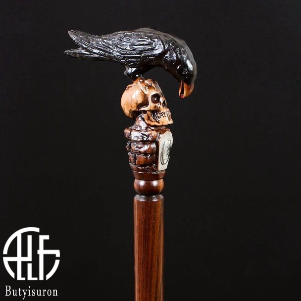 BLACK CROW & SKULL WOODEN WALKING STICK GOTH STYLE