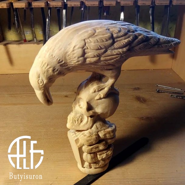 BLACK CROW & SKULL WOODEN WALKING STICK GOTH STYLE