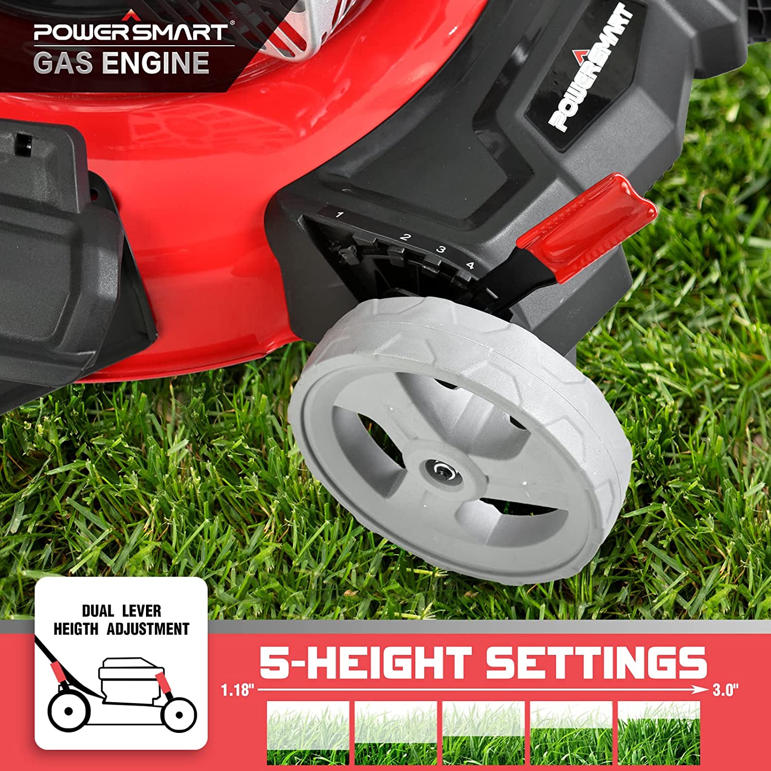 PowerSmart Lawn Mower Gas Powered - 21 Inch, 144CC 4-Stroke Engine, 5 Grass Cutting Heights Adjustable, 2-in-1 Push Mower DB2321CR