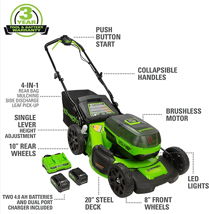 Greenworks 48V 20 Brushless Cordless Push Lawn Mower + 24V Brushless Drill / Driver, (2) 4.0Ah USB Batteries (USB Hub) and Dual Port Rapid Charger Included (2 x 24V)