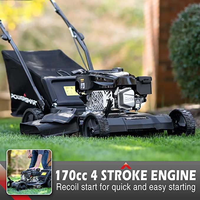 PowerSmart Push Lawn Mower Gas Powered - 21 Inch, 170CC 4-Stroke Engine, 3-in-1 Gas Lawn Mower with Bag, 5 Adjustable Heights 1.18 -3