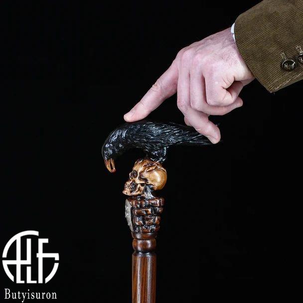 BLACK CROW & SKULL WOODEN WALKING STICK GOTH STYLE