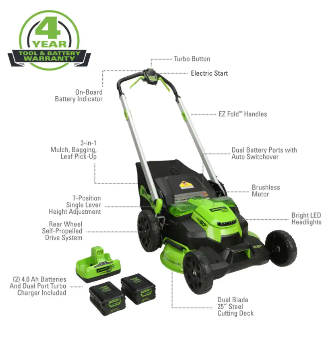 PRO 25 in. 60V Battery Self Propelled Walk-Behind Lawn Mower with (2) 4.0 Ah Batteries and Charger