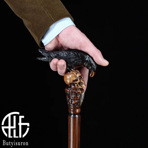 BLACK CROW & SKULL WOODEN WALKING STICK GOTH STYLE