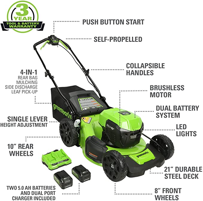 Greenworks 48V 20 Brushless Cordless Electric Lawn Mower, Leaf Blower, (2) 4.0Ah Batteries and Rapid Charger