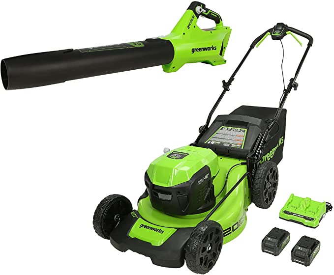 Greenworks 48V 20 Brushless Cordless Electric Lawn Mower, Leaf Blower, (2) 4.0Ah Batteries and Rapid Charger