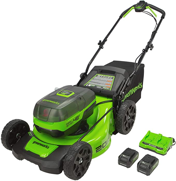 Greenworks 48V 20 Brushless Cordless Push Lawn Mower + 24V Brushless Drill / Driver, (2) 4.0Ah USB Batteries (USB Hub) and Dual Port Rapid Charger Included (2 x 24V)