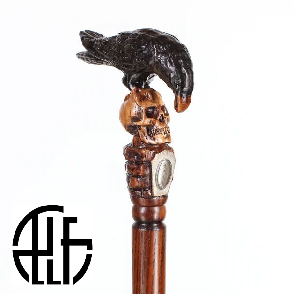 BLACK CROW & SKULL WOODEN WALKING STICK GOTH STYLE