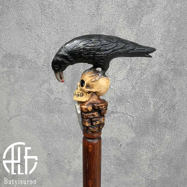 BLACK CROW & SKULL WOODEN WALKING STICK GOTH STYLE